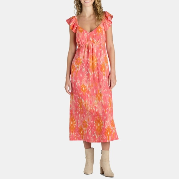 Time and Tru Dresses & Skirts - Time And Tru Ruffle Flutter Sleeve V-Neck Midi Dress Pink Orange Medium NWT